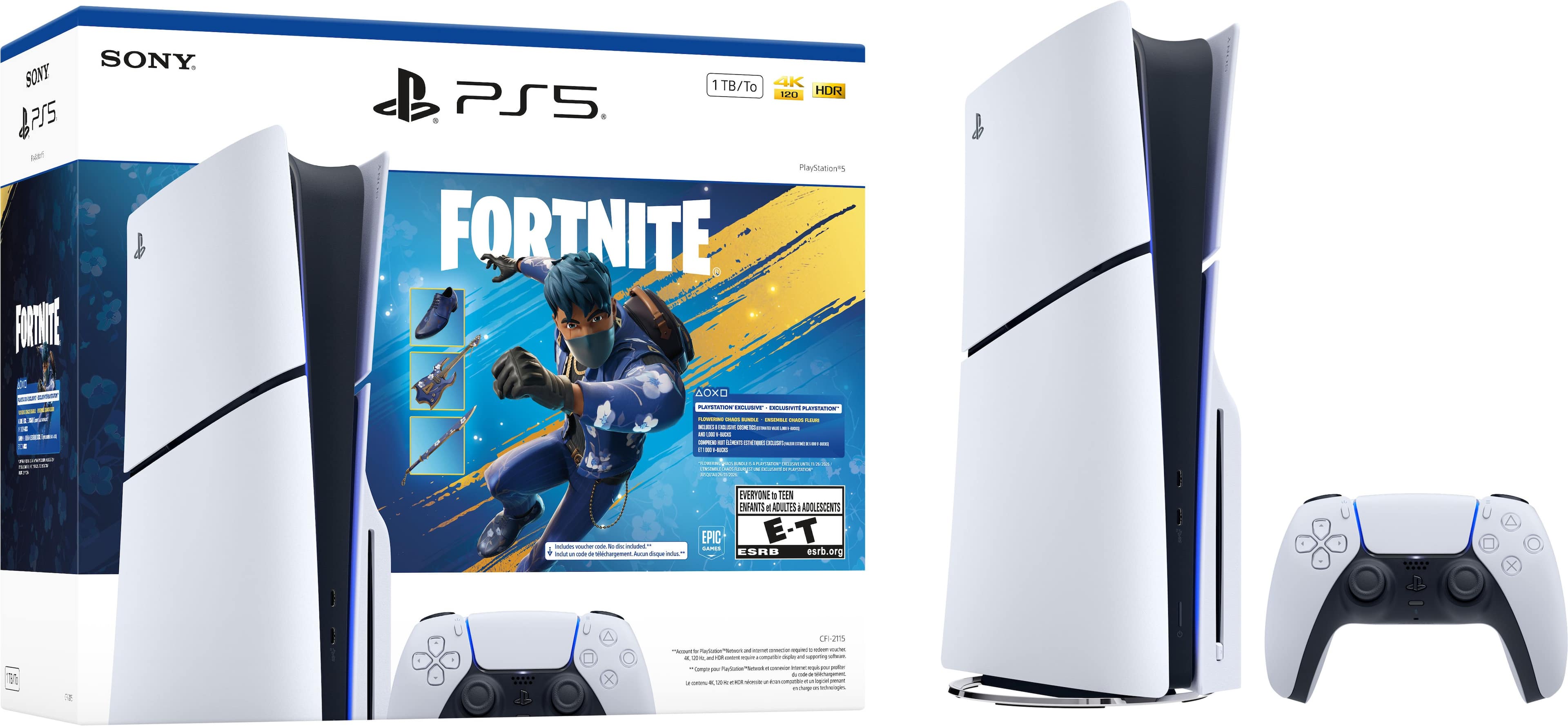 SONY
PS5
1 TB/To
4K
HDR
PlayStation
FORTNITE
OXO
PAT'S
Cdon
Aaidi
EVERYONE
NEEN ENFANTS
ADULTES
ADOLESCENTS
E-T
ESRB
esrb.org
X
CHIJTIS
4K HDR
118/10
PS5
PlayStation