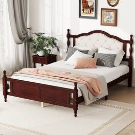 GOODSILO - Queen Size Wooden Bed with Upholstered Headboard and Panel Footboard Featuring Platform Support Feet - Cherry