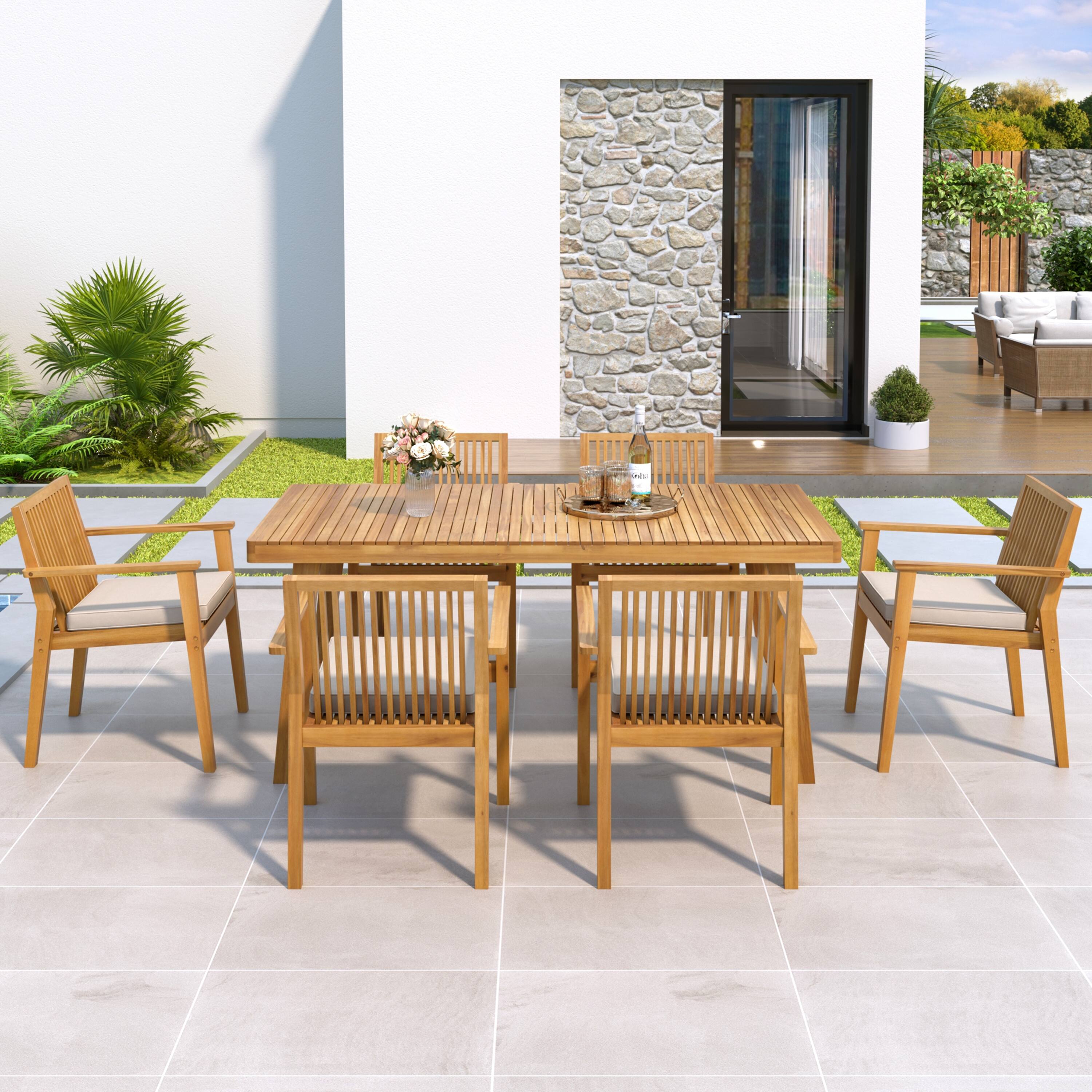 Angle. Mondawe - 7 - Piece Patio Furniture Set Acacia Wood Table and 6 Heavy-Duty Cushioned Chairs - Beige+Natural.