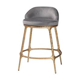 Baxton Studio - Aarush Counter Stool - Modern Rustic Seating with Hand-Forged Metal Frame and Low Back for Kitchen Island or Lounge - Grey/Gold