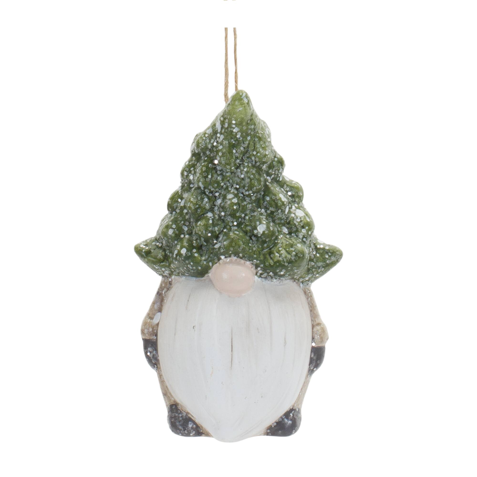 Back. BreeBe - Terra Cotta Gnome with Pine Tree Hat Ornament (Set of 6) - White, Green.