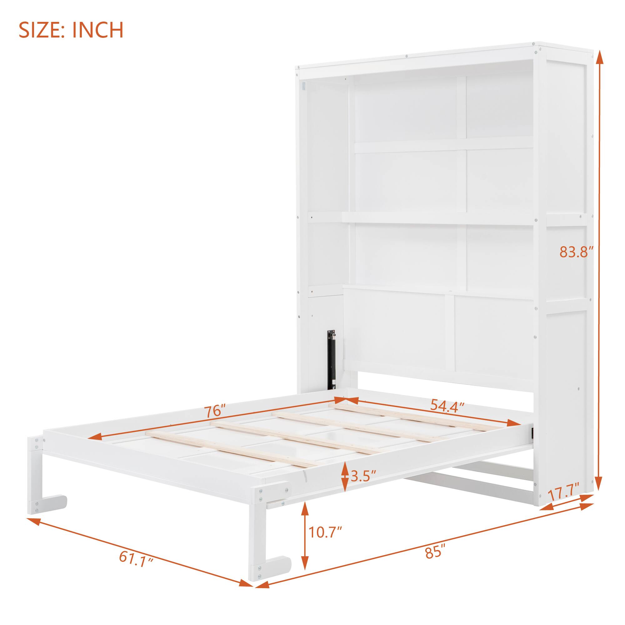 SIZE: INCH

- Height: 83.8"
- Width: 85"
- Depth: 61.1"
- Bed Frame Height: 10.7"
- Shelf Height: 3.5"
- Shelf Width: 54.4"
- Overall Width: 76"