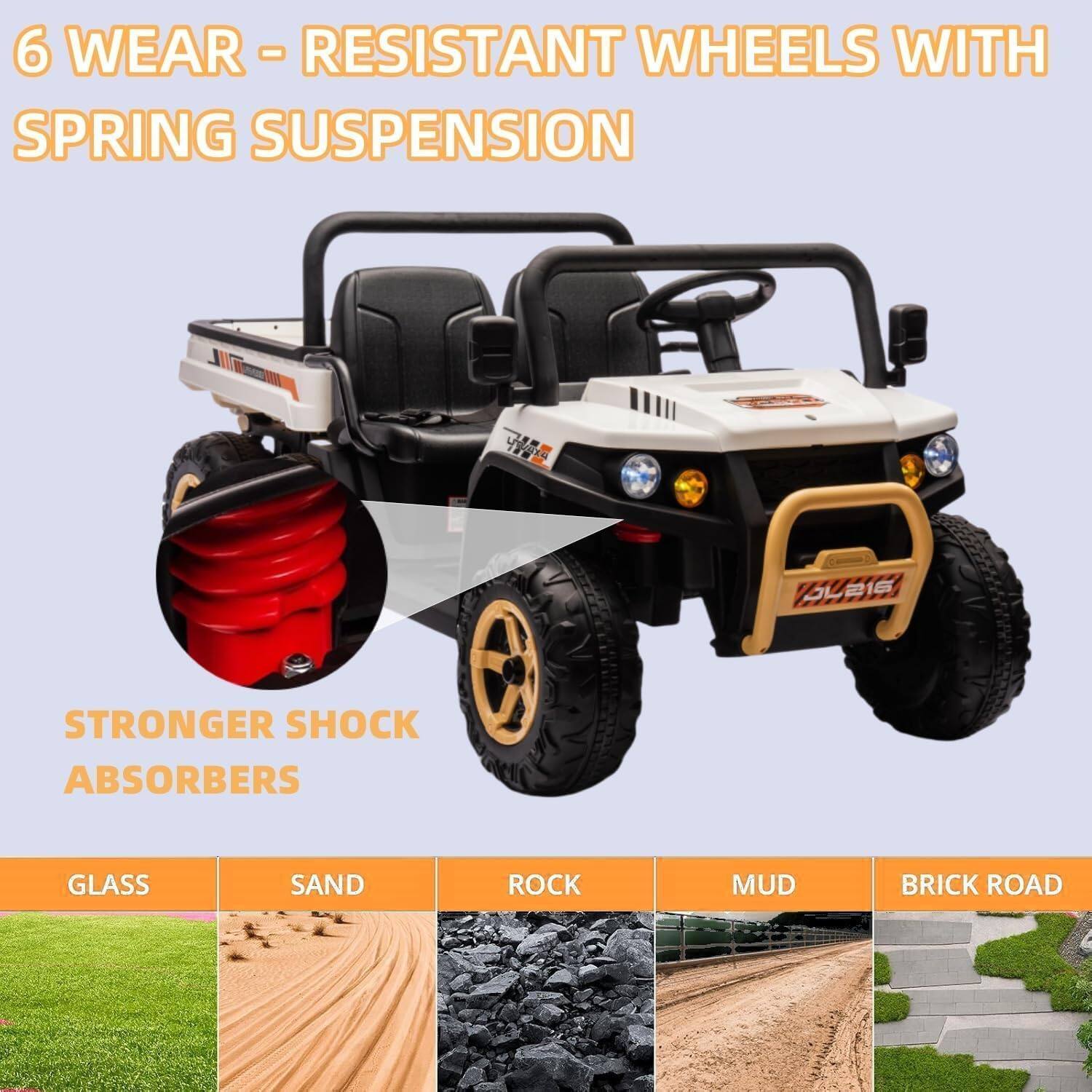 6 WEAR-RESISTANT WHEELS WITH SPRING SUSPENSION

STRONGER SHOCK ABSORBERS

GLASS  
SAND  
ROCK  
MUD  
BRICK ROAD
