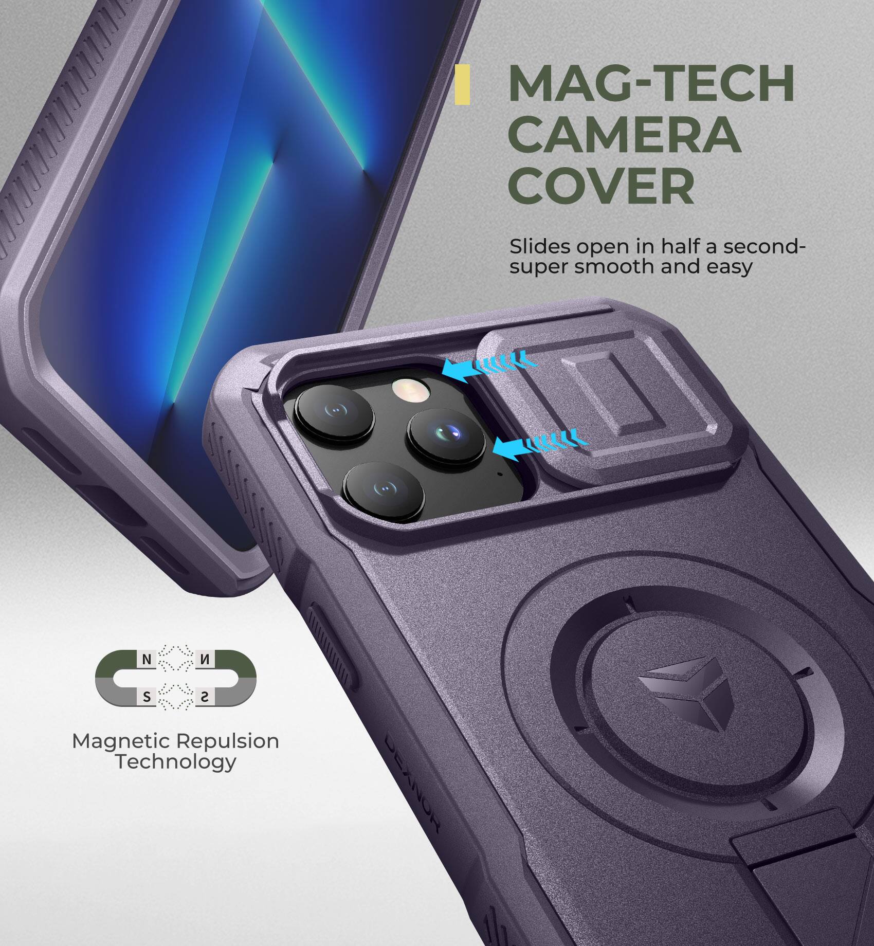 MAG-TECH CAMERA COVER Slides open in half a second- super smooth and easy
Magnetic Repulsion Technology