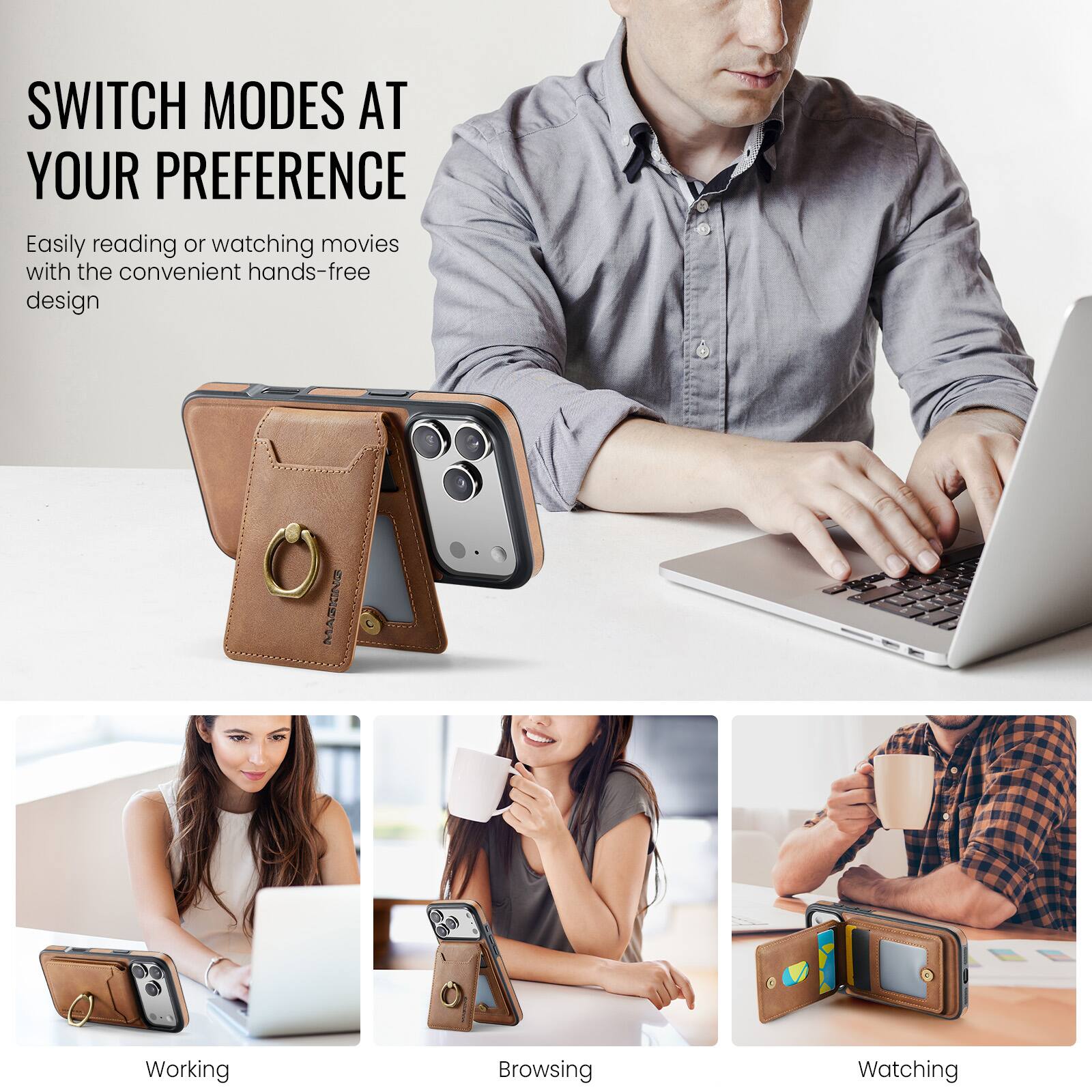 SWITCH MODES AT YOUR PREFERENCE  
Easily reading or watching movies with the convenient hands-free design  

MASKING  
Working  
Browsing  
Watching