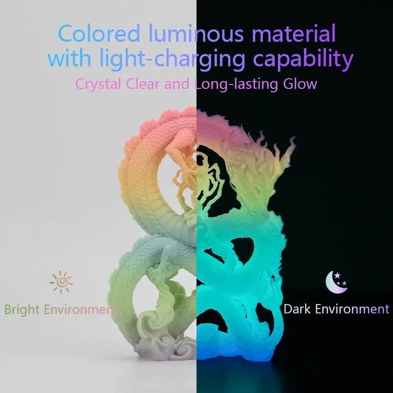 Colored luminous material with light-charging capability  
Crystal Clear and Long-lasting Glow  

Bright Environment  
Dark Environment