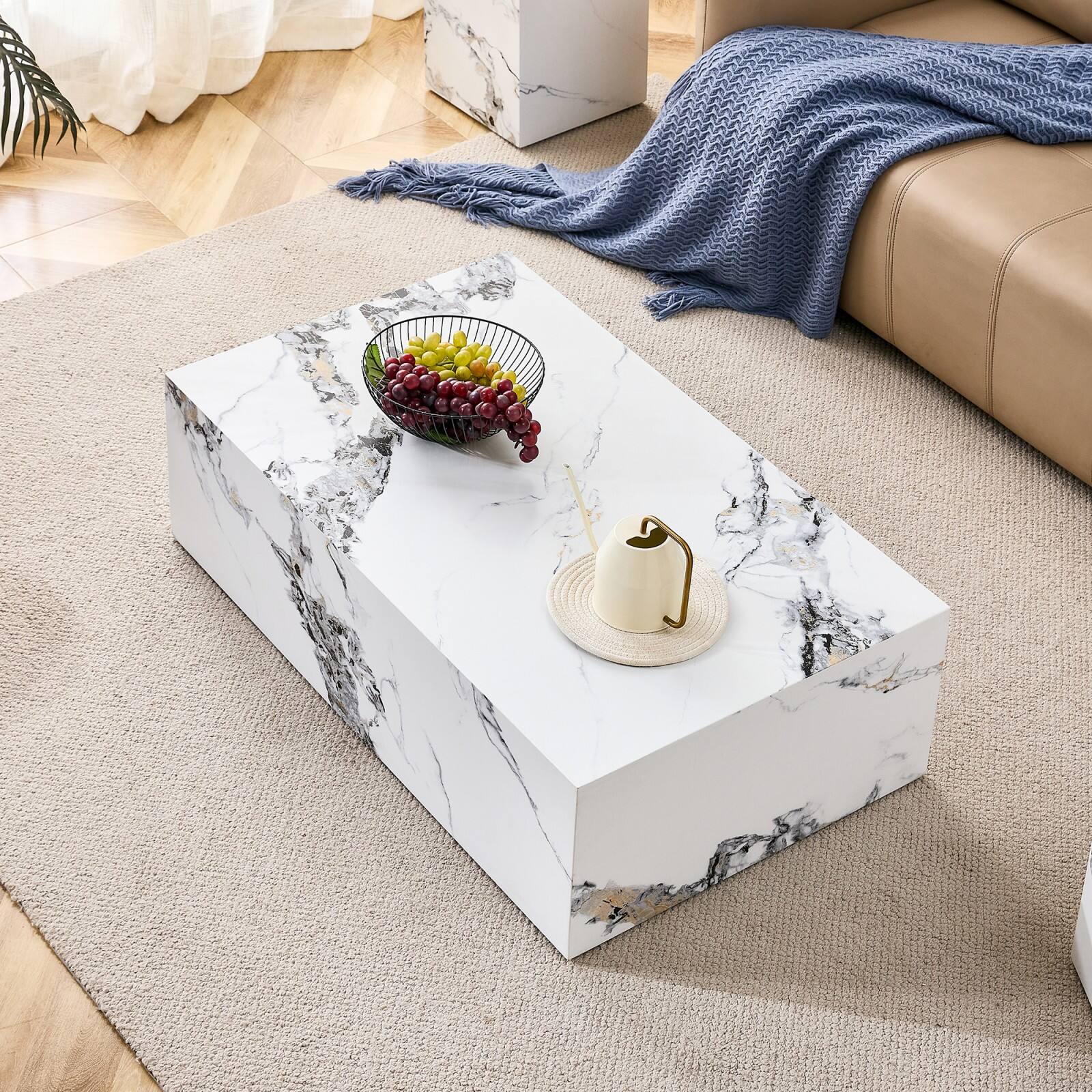 Alt View 1. Ecooso - Modern MDF Coffee Table with Marble Pattern - 39.37x23.62x11.81 inches - Stylish and Durable Design - White.