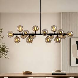 Siljoy - 39.4In Black Gold 16-Light Linear Sputnik Chandelier Adjustable Glass Pendant for Dining Kitchen Living Room - amber