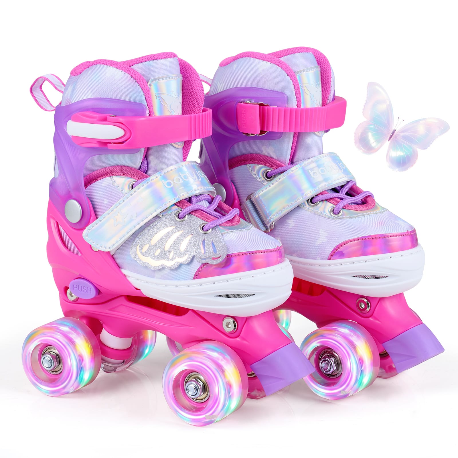 Costway - Kids Roller Skates 4 Sizes Adjustable Quad Skates with Light-up Wheels for Ages 5-7 - Pink