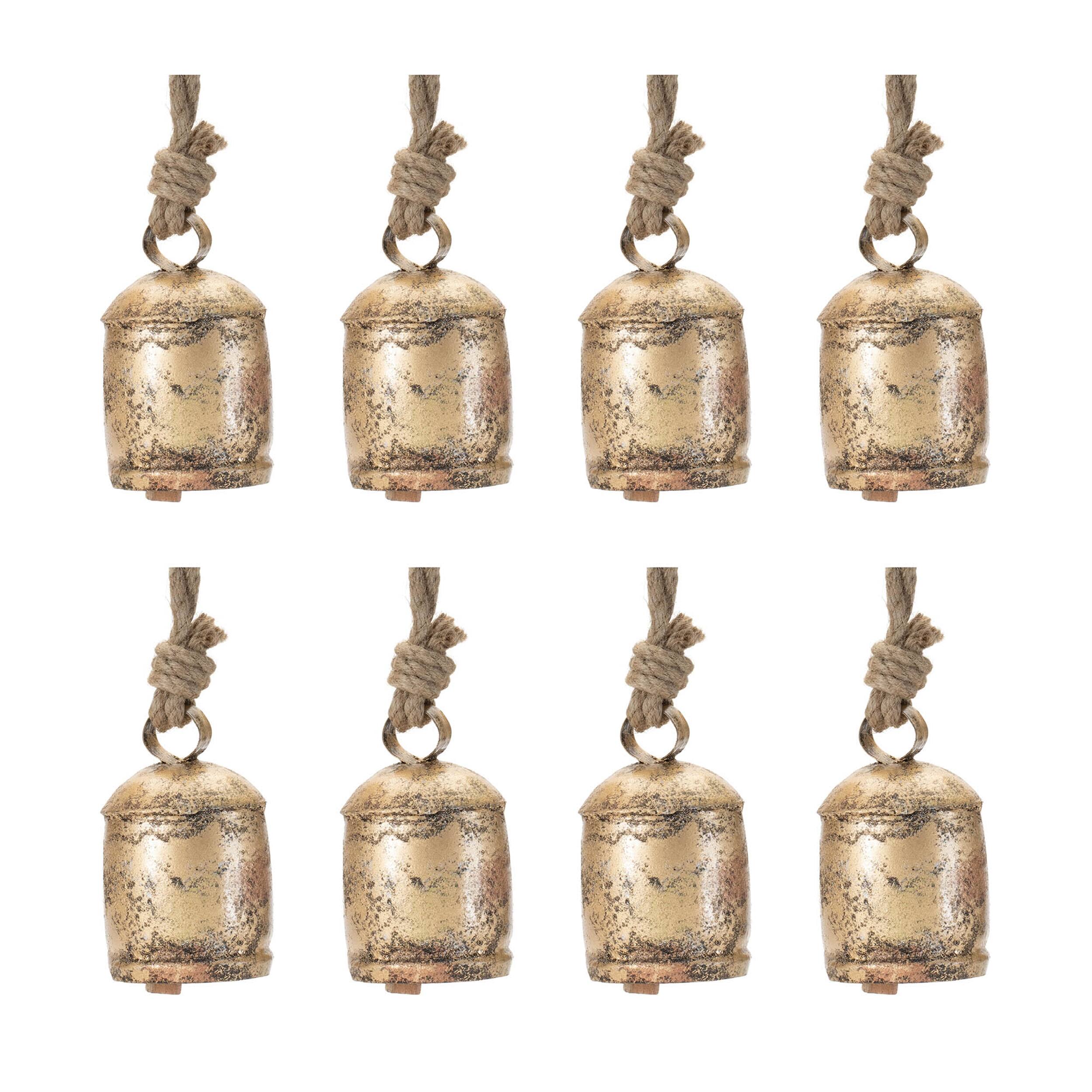 Left. BreeBe - Distressed Metal Bell Ornament (Set of 8) - Gold.