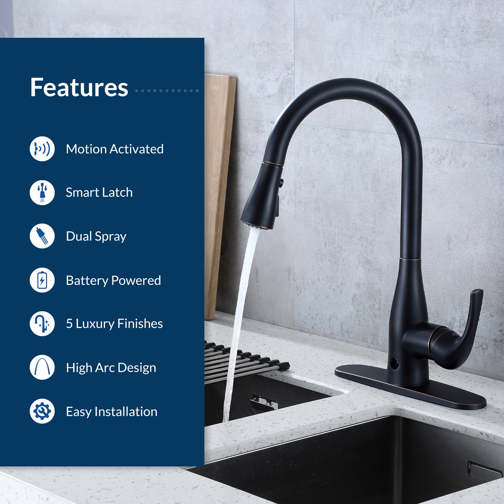 Features  
- Motion Activated  
- Smart Latch  
- Dual Spray  
- Battery Powered  
- 5 Luxury Finishes  
- High Arc Design  
- Easy Installation