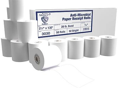 Alliance Armor  
Anti-Microbial Paper Receipt Rolls  
2 3/4" x 130"  
20 lb. Bond  
3030  
50 Rolls  
92 Bright