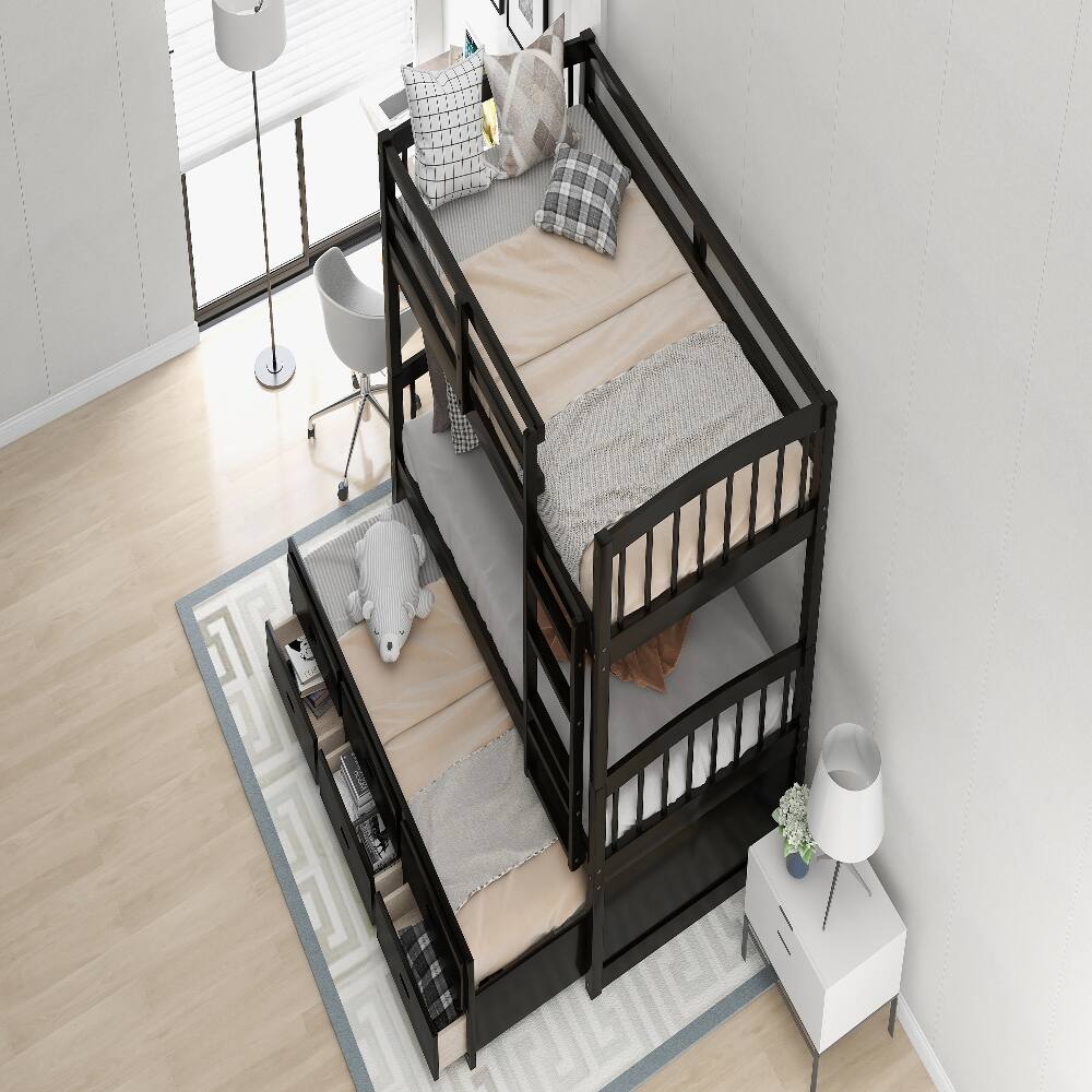Back. Loheer - Loheer Twin Over Twin Bunk Bed with Trundle and Drawers Espresso Wood - Espresso.