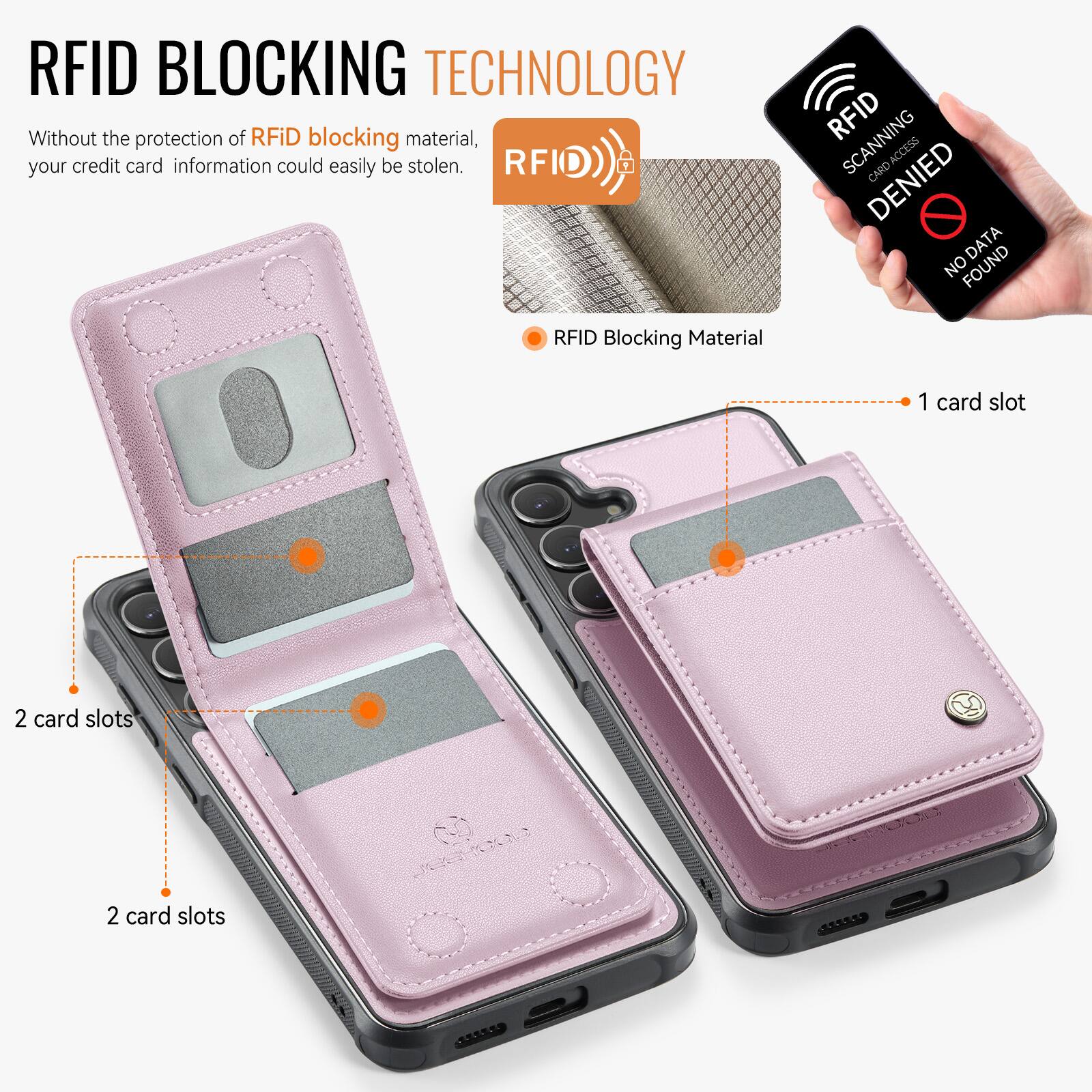 RFID BLOCKING TECHNOLOGY

Without the protection of RFID blocking material, your credit card information could easily be stolen.

RFID Blocking Material

1 card slot

2 card slots

2 card slots