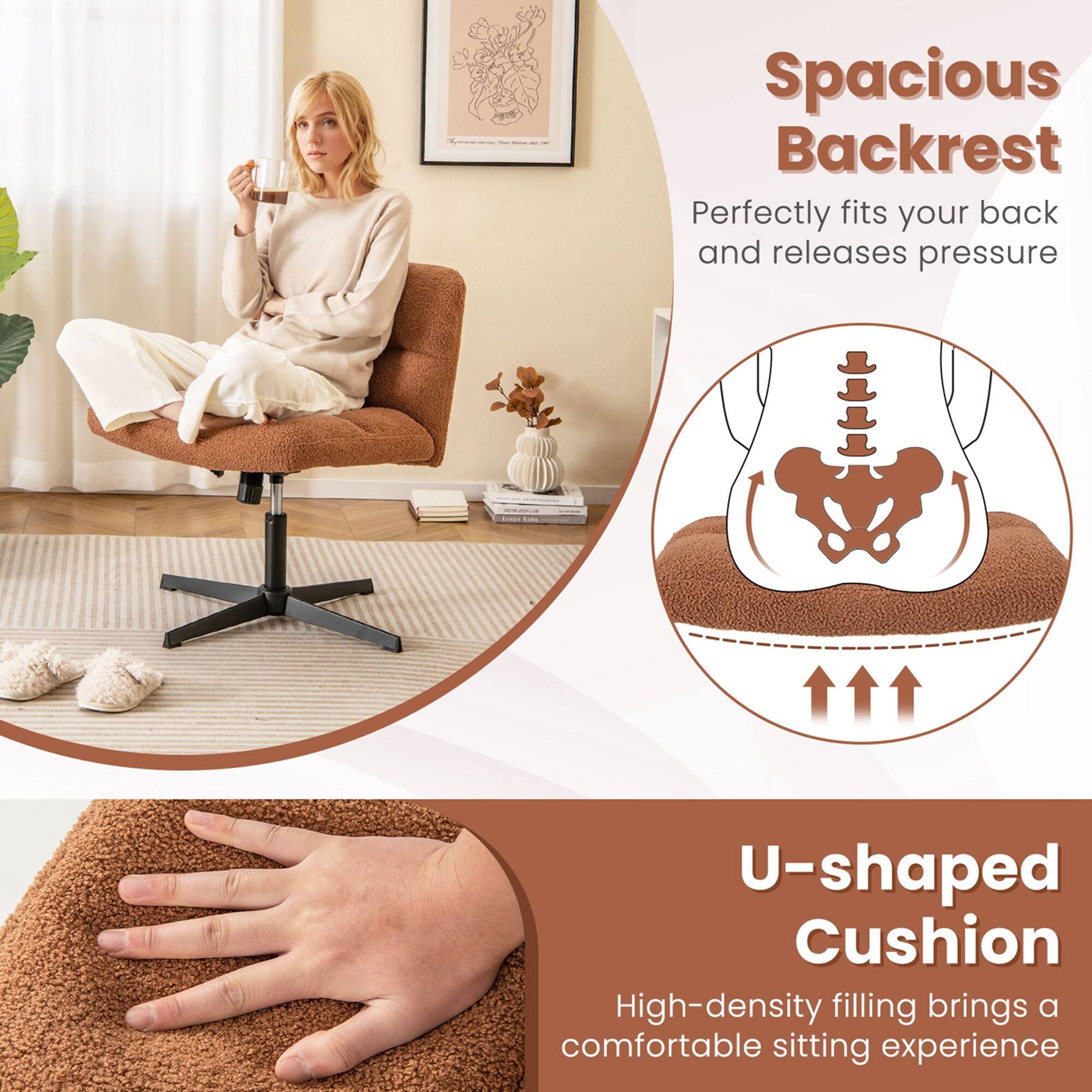Spacious Backrest: Perfectly fits your back and releases pressure. U-shaped Cushion: High-density filling brings a comfortable sitting experience.