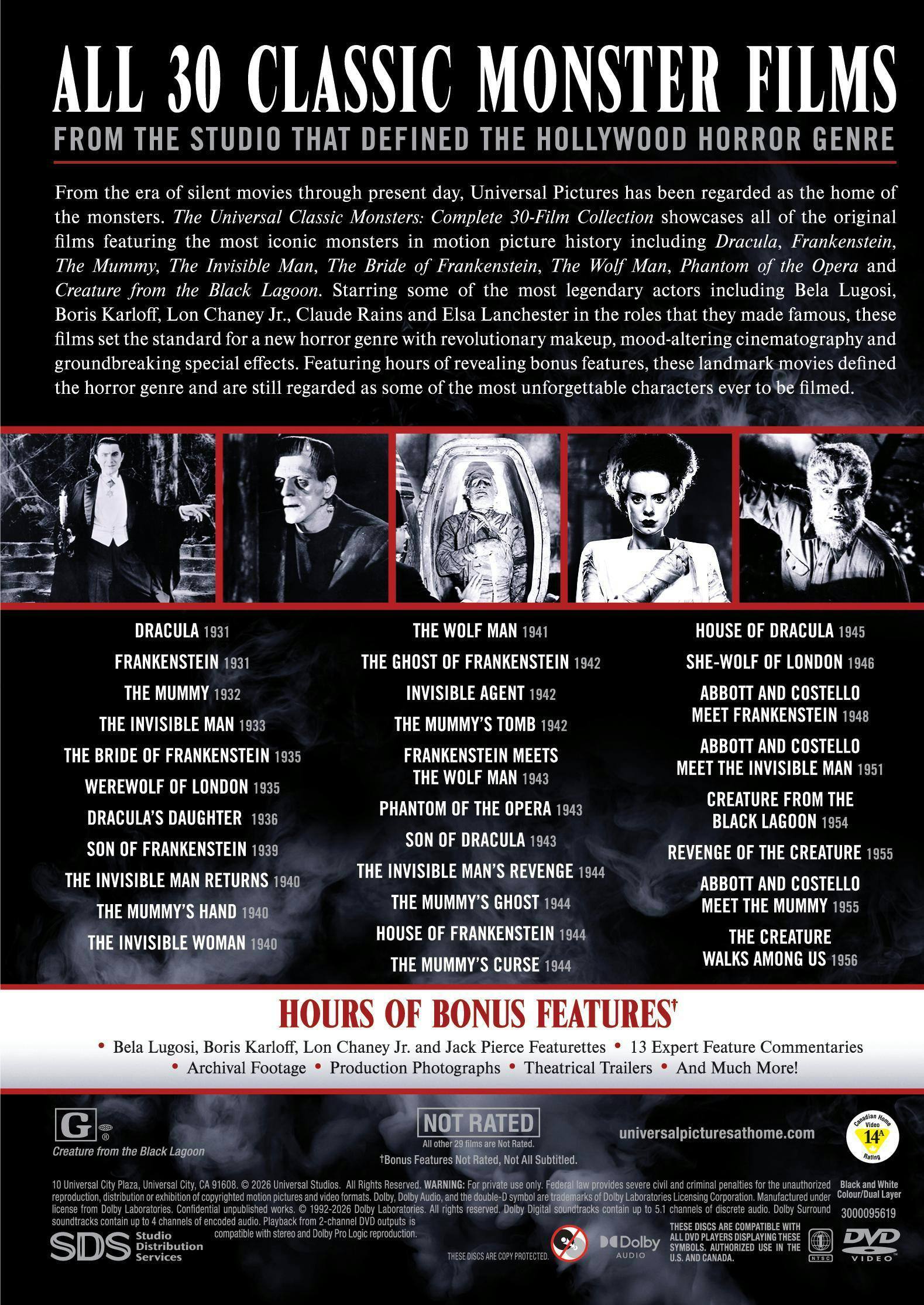 Back. Universal Classic Monsters: Complete 30-Film Collection   - DVD.
