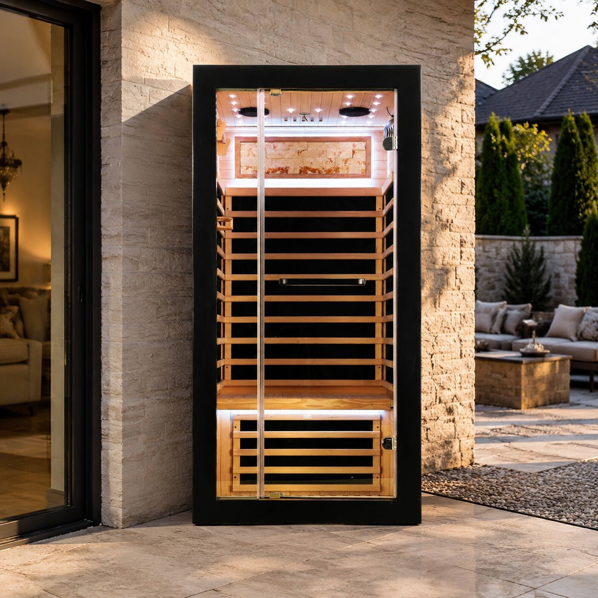 Left. RYHNUYNE - Single-Person Hemlock Sauna, 90 x 90 x 180 cm, 1450W Carbon Plate Heaters, Starry Sky Ceiling Light, 7 Heating Plates - Ameican White Oak.
