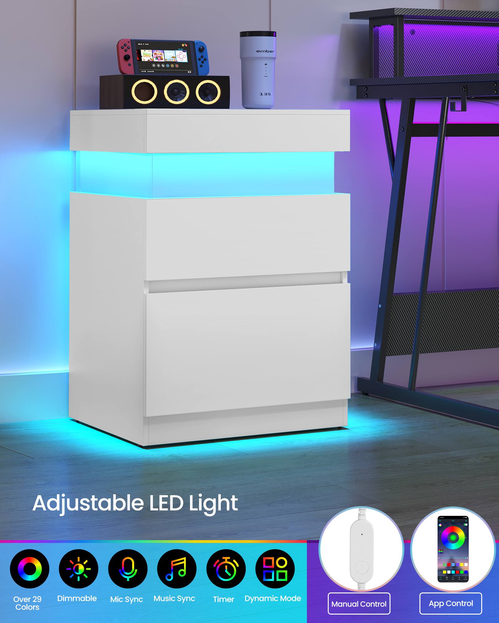 Adjustable LED Light

Over 29 Dimmable Mic Sync Music Sync Colors Timer Dynamic Mode Manual Control App Control