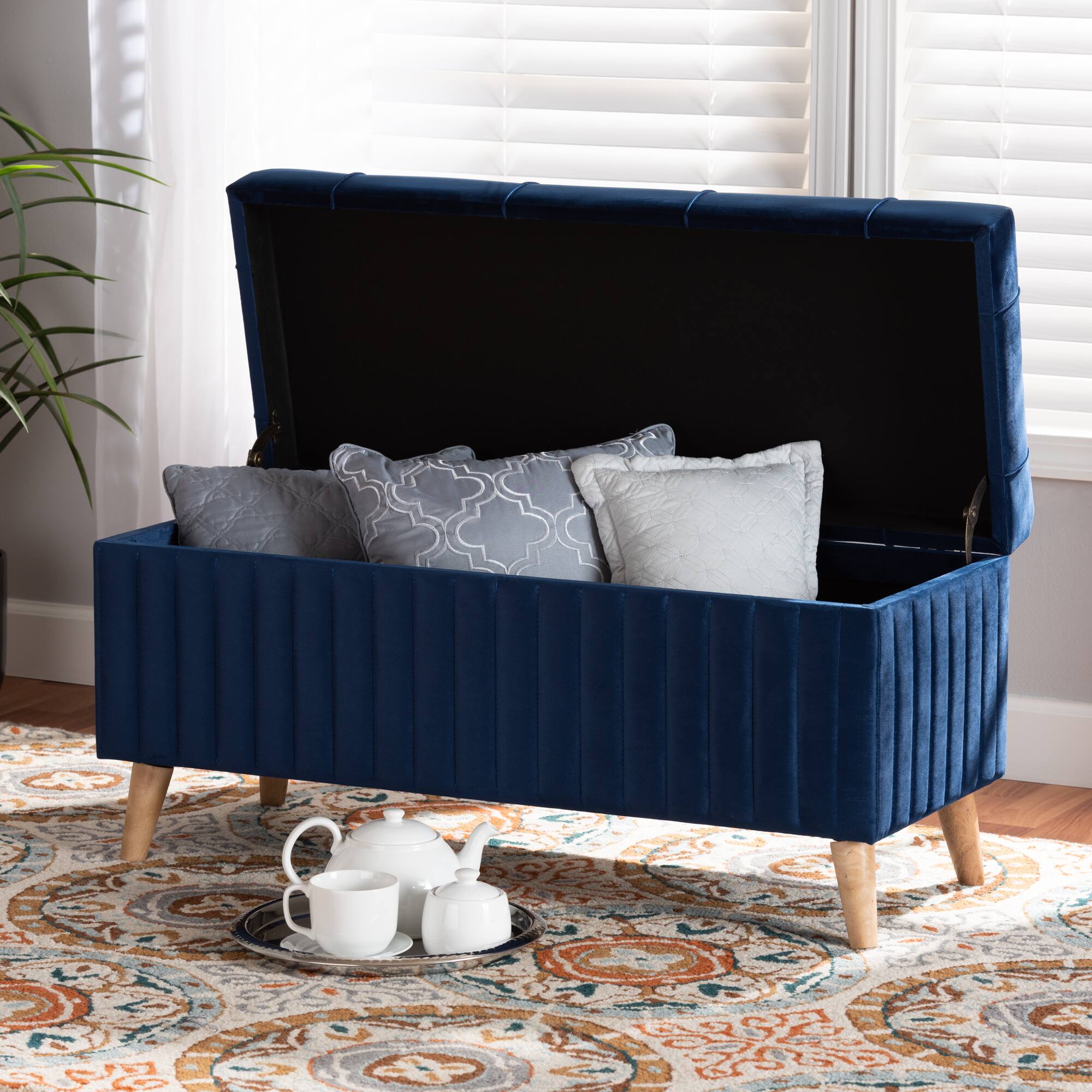 Alt View 5. Baxton Studio - Hanley Modern and Contemporary Velvet Fabric Upholstered and Walnut Brown Finished Wood Storage Ottoman - Navy Blue/Walnut Brown.