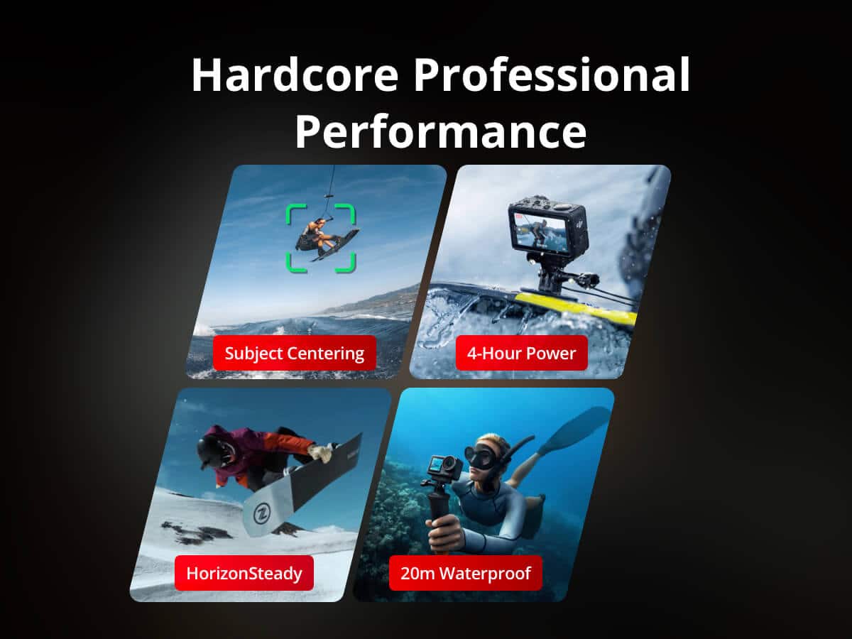 Hardcore Professional Performance:
1. Subject Centering
2. 4-Hour Power
3. HorizonSteady
4. 20m Waterproof