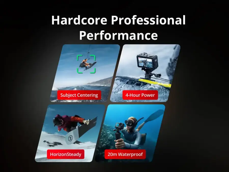 Hardcore Professional Performance:

1. Subject Centering
2. 4-Hour Power
3. HorizonSteady
4. 20m Waterproof