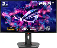 The text on the image reads: "3 Year Warranty 26.5" QHD 2560x1440 440 AOU OLED 11t1 D OLED 90W 360 Hz Anti-flicker USB Type-C C Custom Heatsink PD 90W G."