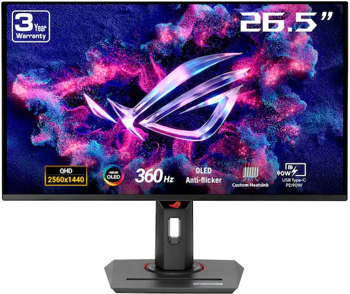 The text on the image reads: "3 Year Warranty 26.5" QHD 2560x1440 440 AOU OLED 11t1 D OLED 90W 360 Hz Anti-flicker USB Type-C C Custom Heatsink PD 90W G."