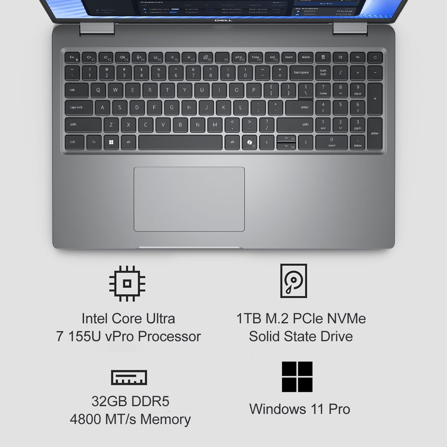 Intel Core Ultra 7 155U vPro Processor  
32GB DDR5 4800 MT/s Memory  
1TB M.2 PCIe NVMe Solid State Drive  
Windows 11 Pro