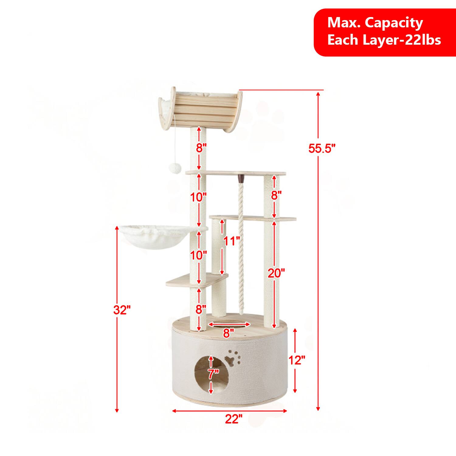 Max. Capacity Each Layer-22lbs

8"  
10"  
55.5"  
10"  
11"  
20"  
32"  
8"  
8"  
7"  
12"  
22"