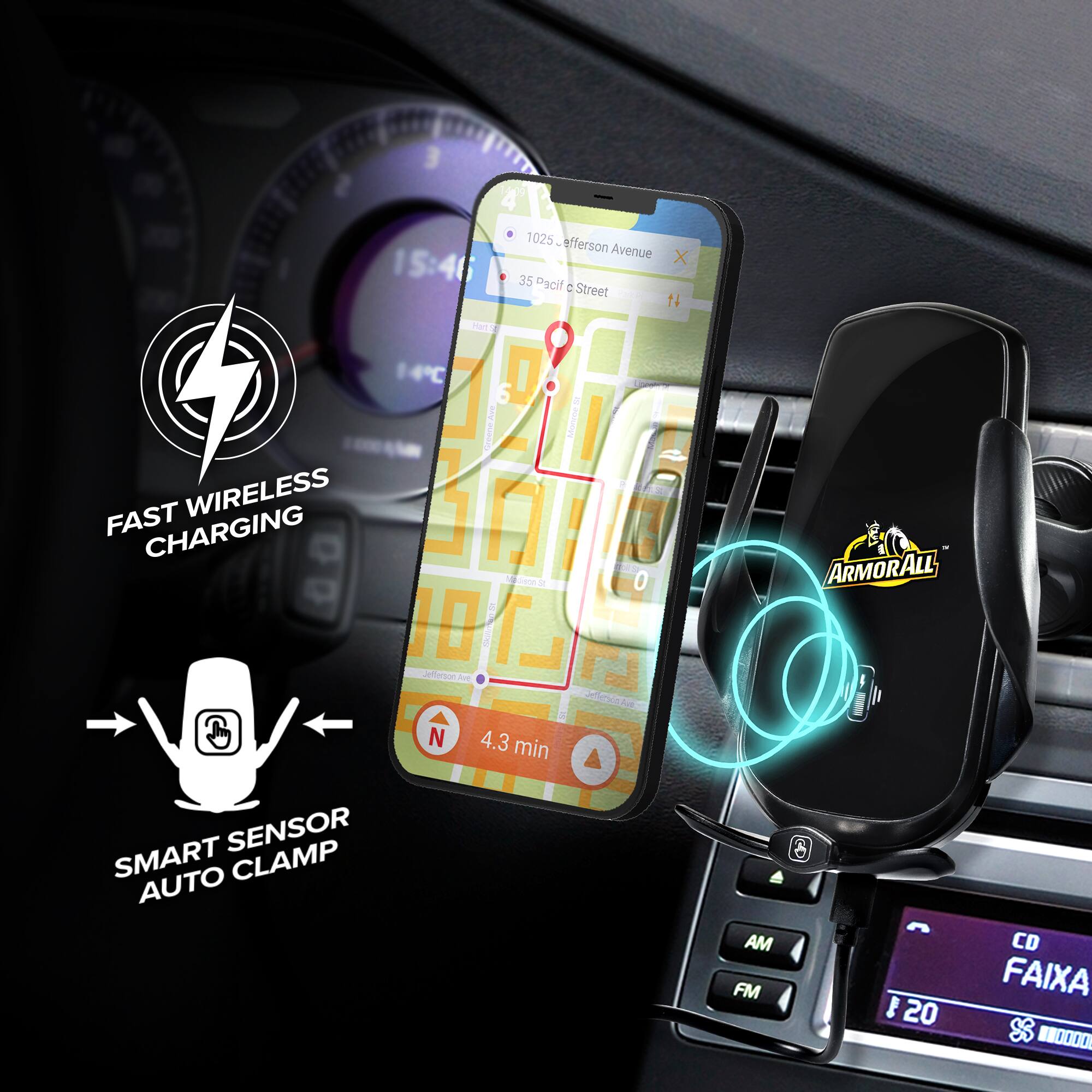 4 B 1025 Jefferson Avenue X 15:46 35 Pacific Street t4 man 14C D 6 Moreoeh FAST WIRELESS CHARGING ! A 15 d 0 10 L loe N ARMORALL N 4.3 min SENSOR SMART CLAMP AUTO AM FM 3 20 CD FAIXA 110000