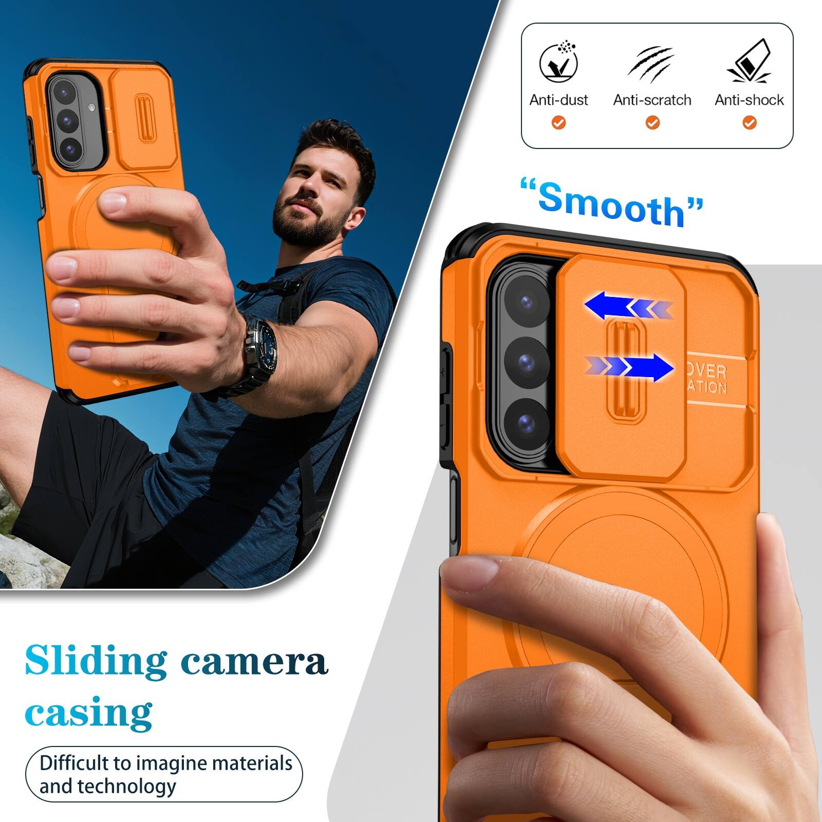 Anti-dust  
Anti-scratch  
Anti-shock  

"Smooth"  

Sliding camera casing  
Difficult to imagine materials and technology