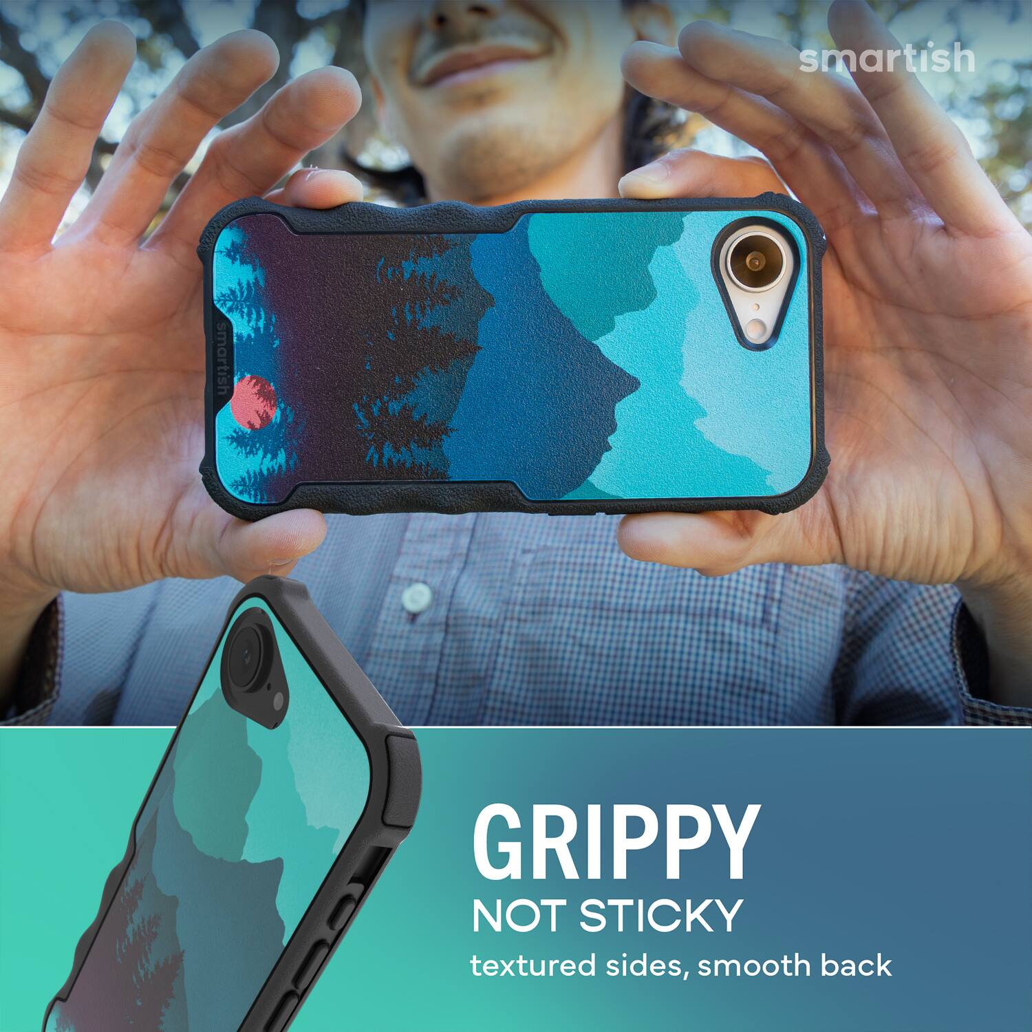 smartish  
GRIPPY NOT STICKY  
textured sides, smooth back