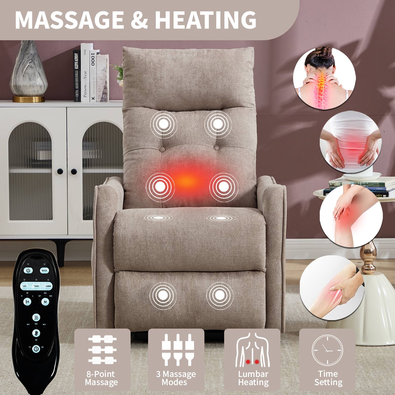MASSAGE & HEATING

MASSAGE & HEATING OTEN 5 | 5 Year Person 1000 x C

- 8-Point Massage
- 3 Massage Modes
- Lumbar Heating
- Time Setting