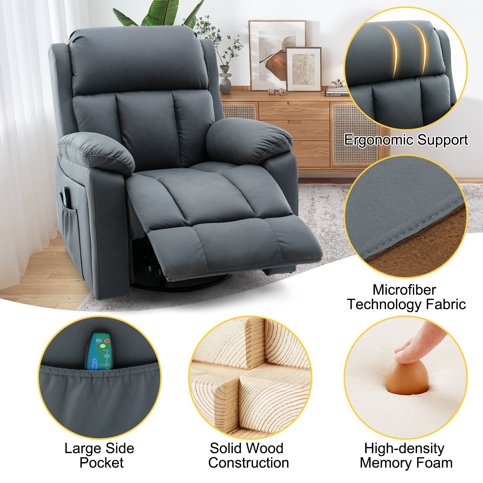 - Ergonomic Support
- Microfiber Technology Fabric
- Large Side Pocket
- Solid Wood Construction
- High-density Memory Foam