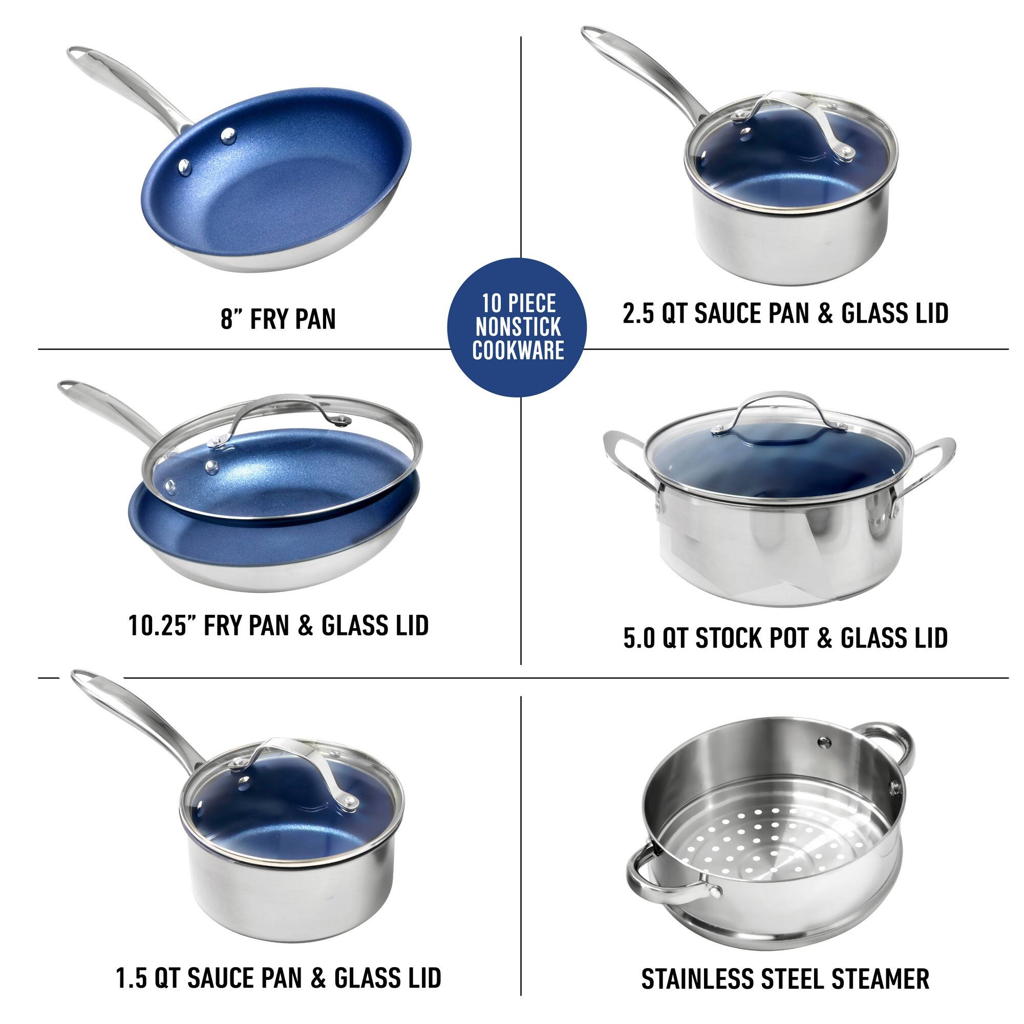 8" Fry Pan 10 Piece Nonstick Cookware 2.5 QT Sauce Pan & Glass Lid 10.25" Fry Pan & Glass Lid 5.0 QT Stock Pot & Glass Lid 1.5 QT Sauce Pan & Glass Lid Stainless Steel Steamer