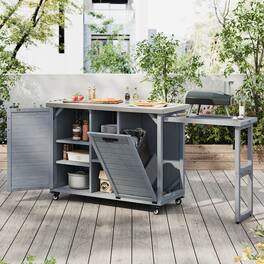 PexFix - 78.3" Outdoor Kitchen Island with Foldable Table, Trash Storage & Stainless Top, Wood Pizza Oven Cart for Lawn & Garden - Gray Blue