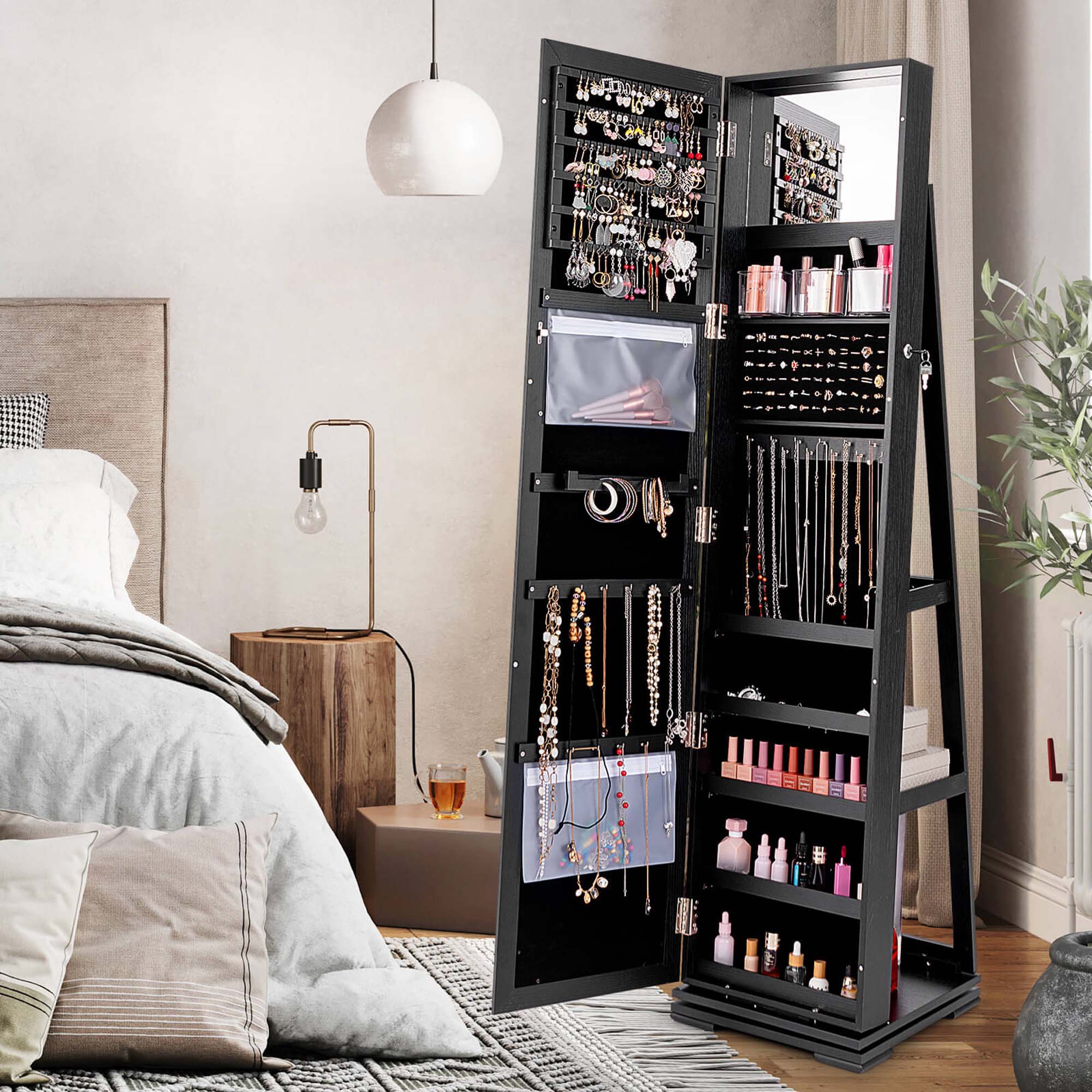 Alt View 11. Costway - 360° Rotatable Jewelry Cabinet Armoire 2-in-1 Lockable Mirrored Black - Black.