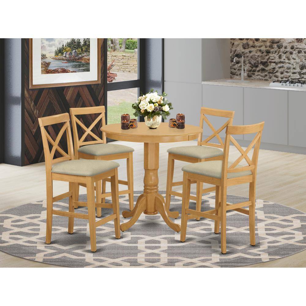 Left. East West Furniture - JAPB5-OAK-C 5 Pc Dining counter height set-pub Table and 4 counter height stool - Oak.