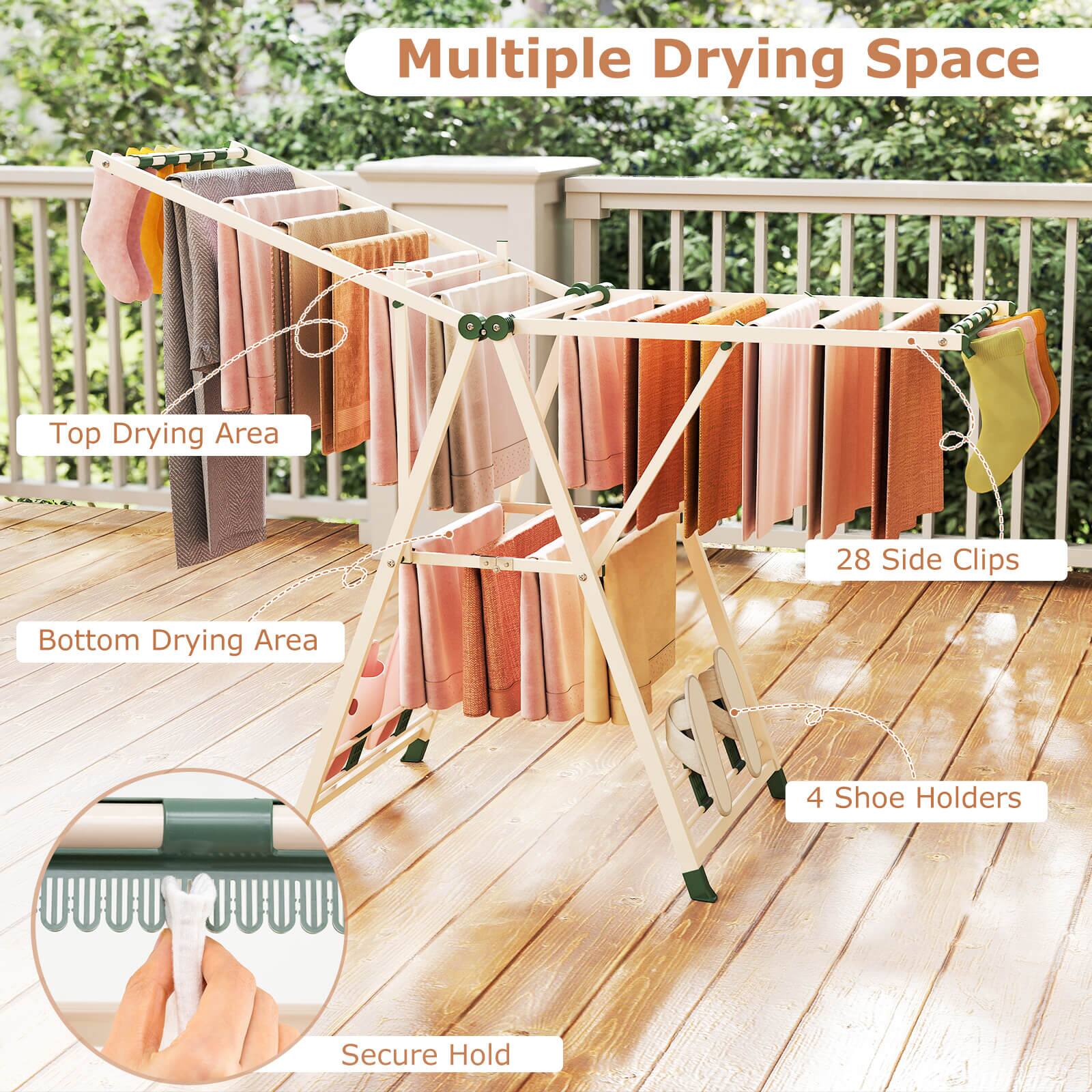 Multiple Drying Space

Top Drying Area

Bottom Drying Area

28 Side Clips

4 Shoe Holders

Secure Hold