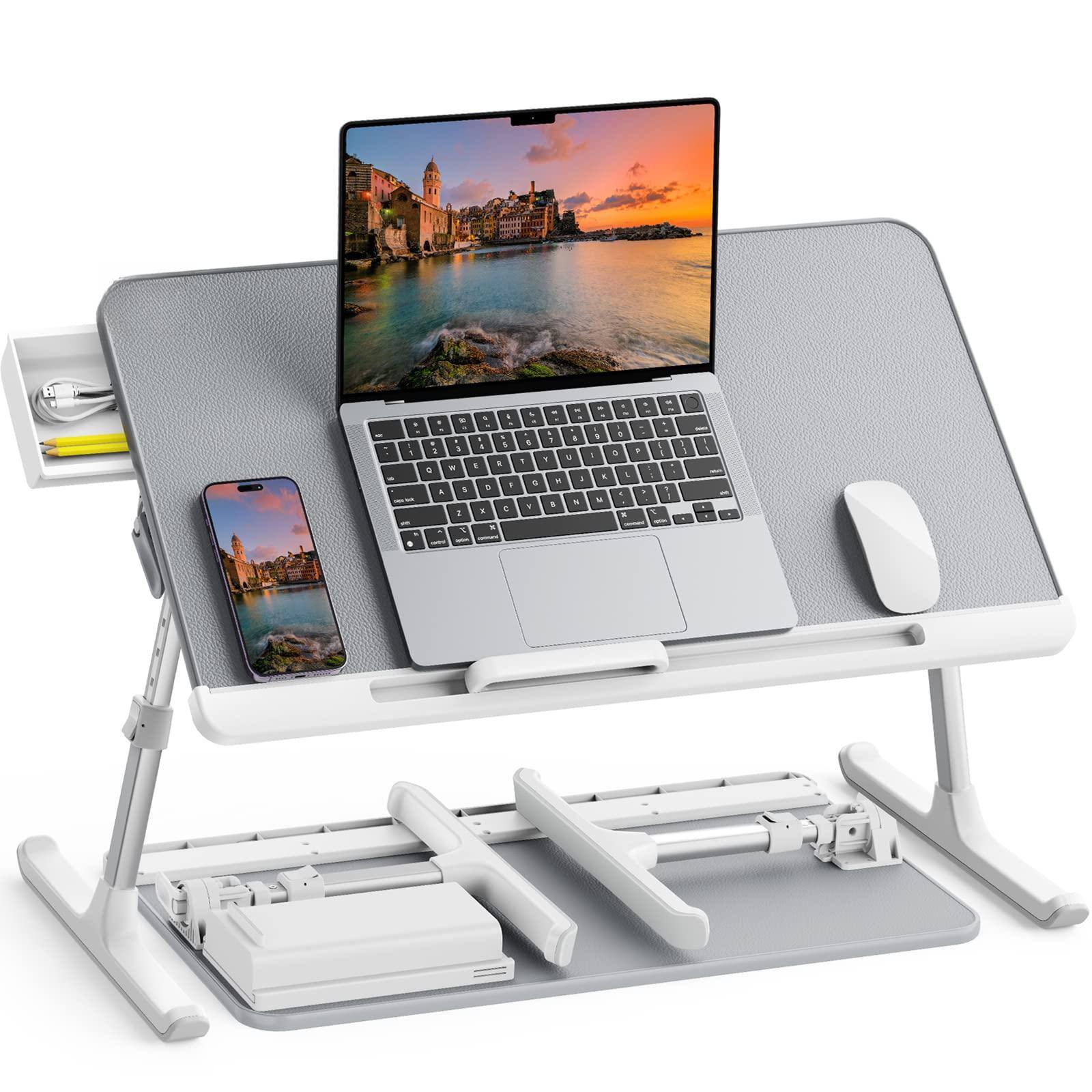 Front. PARKER SLATER - Laptop Bed Tray Table Adjustable Pvc Leather Portable Standing Desk With Storage Drawer Foldable Lap Tablet.
