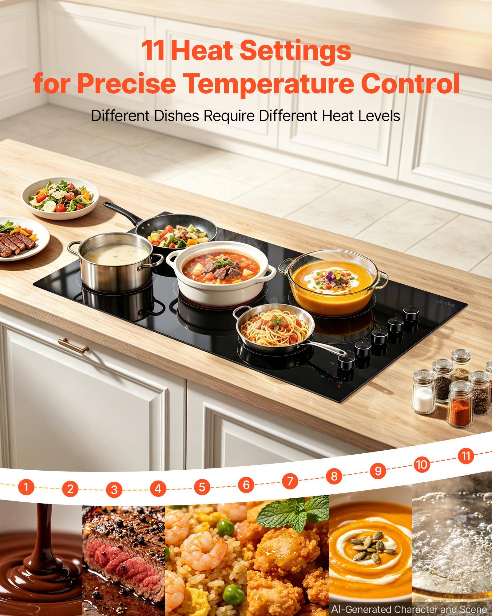 11 Heat Settings for Precise Temperature Control  
Different Dishes Require Different Heat Levels

1  
2  
3  
4  
5  
6  
7  
8  
9  
10  
11

AI-Generated Character and Scene