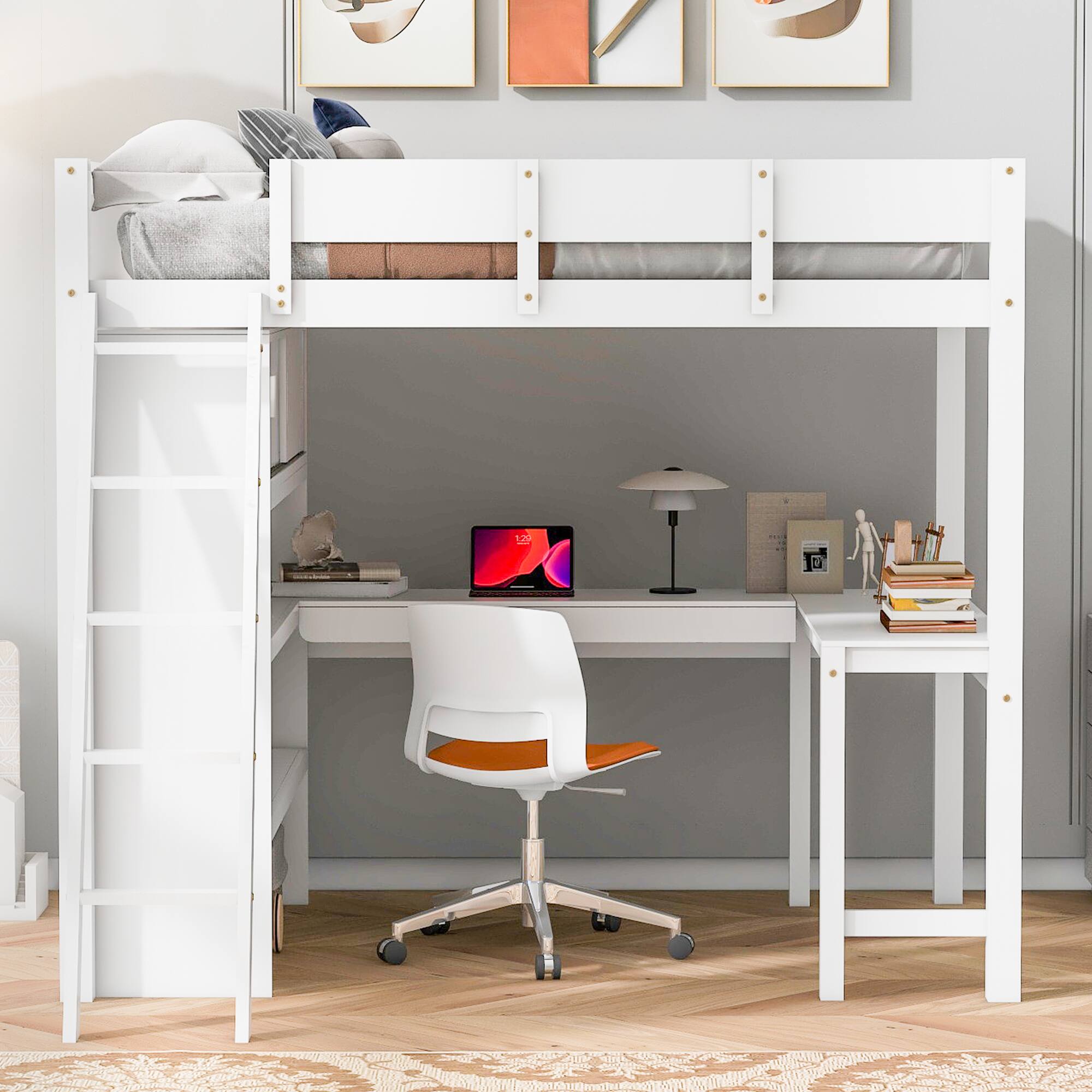 Aukfa - Full Size Loft Bed with Desk and Shelf - White