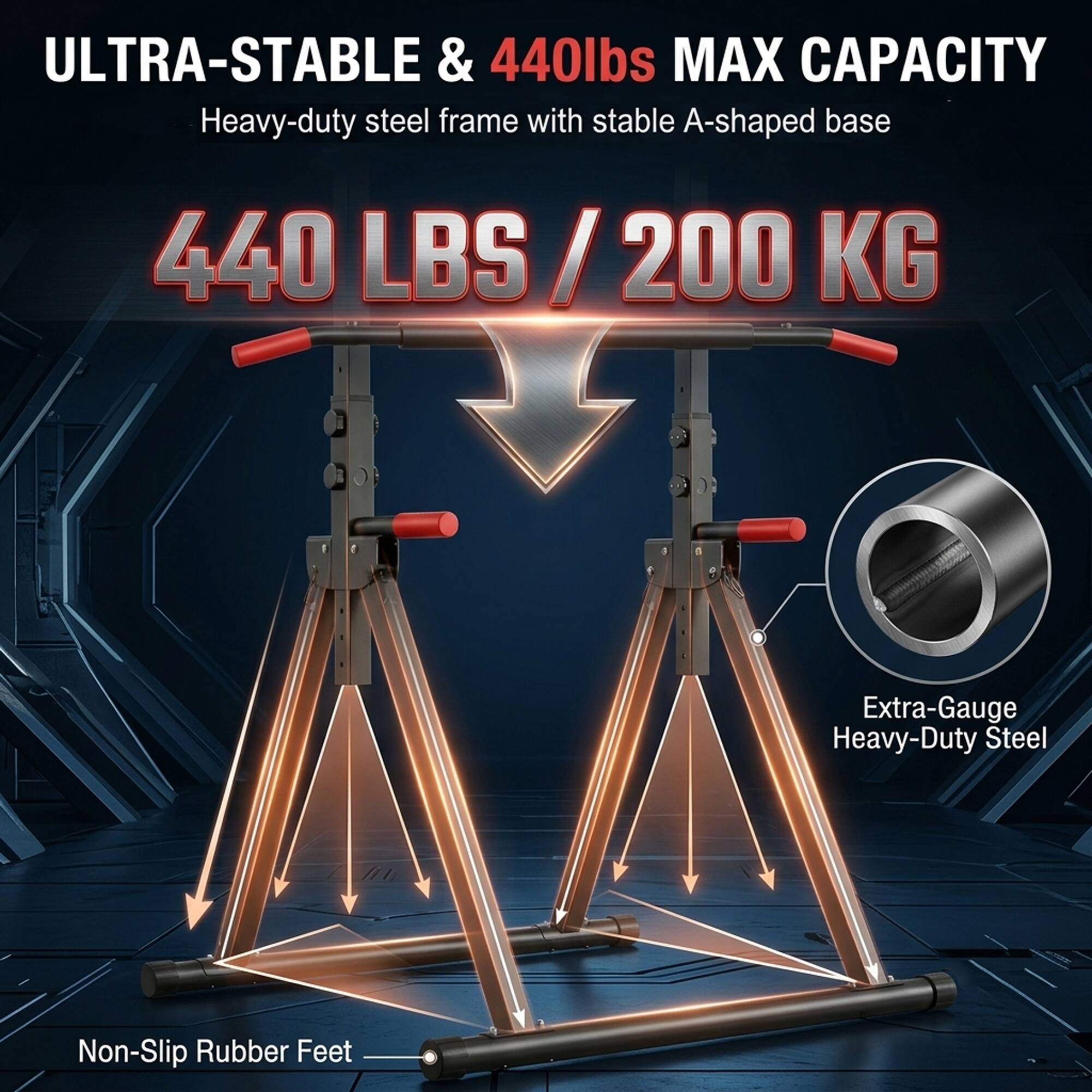 ULTRA-STABLE & 440lbs MAX CAPACITY  
Heavy-duty steel frame with stable A-shaped base  
440 LBS / 200 KG  
Extra-Gauge Heavy-Duty Steel  
Non-Slip Rubber Feet