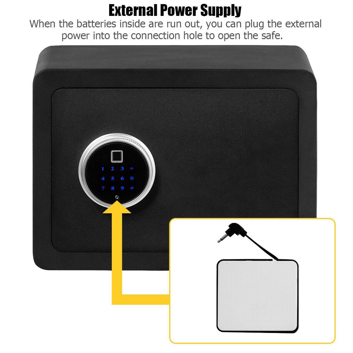 External Power Supply

When the batteries inside are run out, you can plug the external power into the connection hole to open the safe.