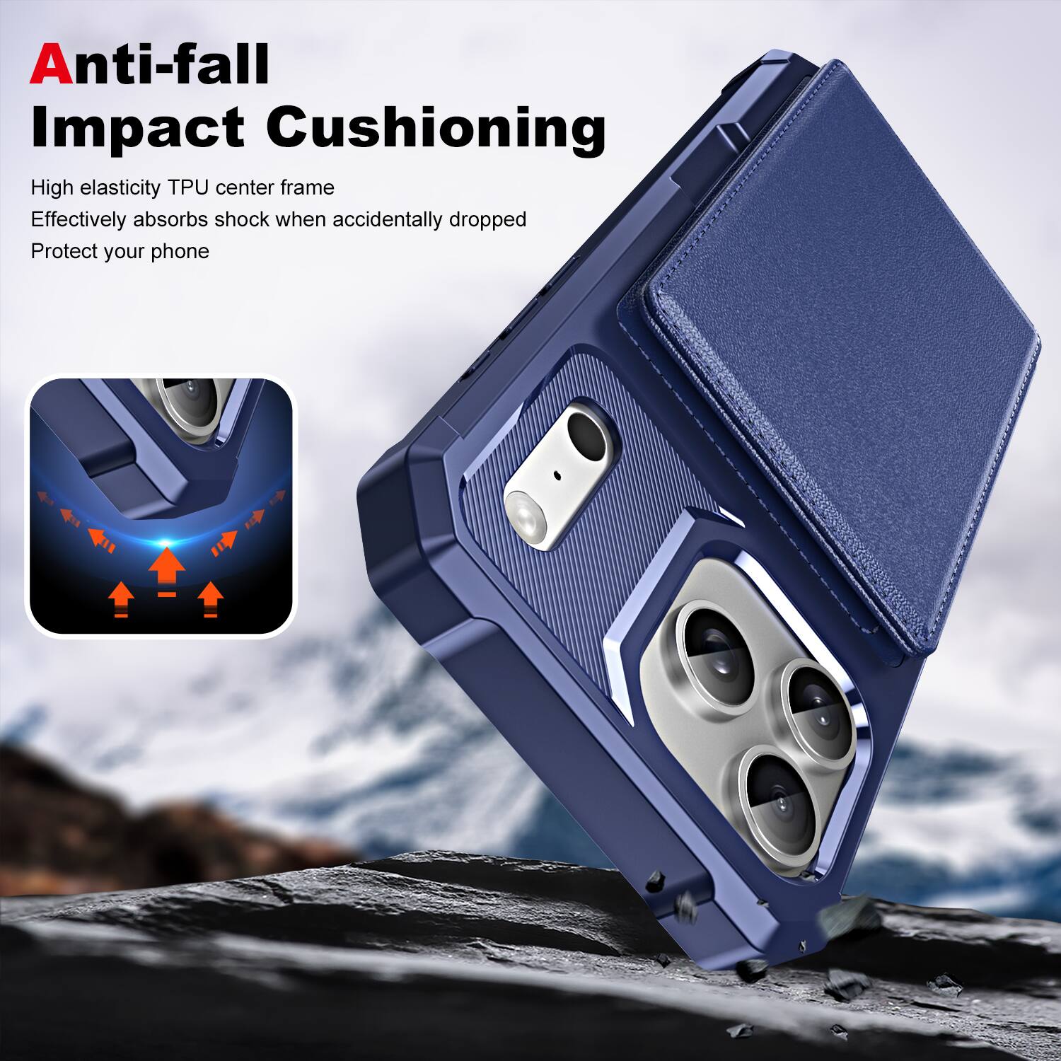 Anti-fall Impact Cushioning

High elasticity TPU center frame  
Effectively absorbs shock when accidentally dropped  
Protect your phone
