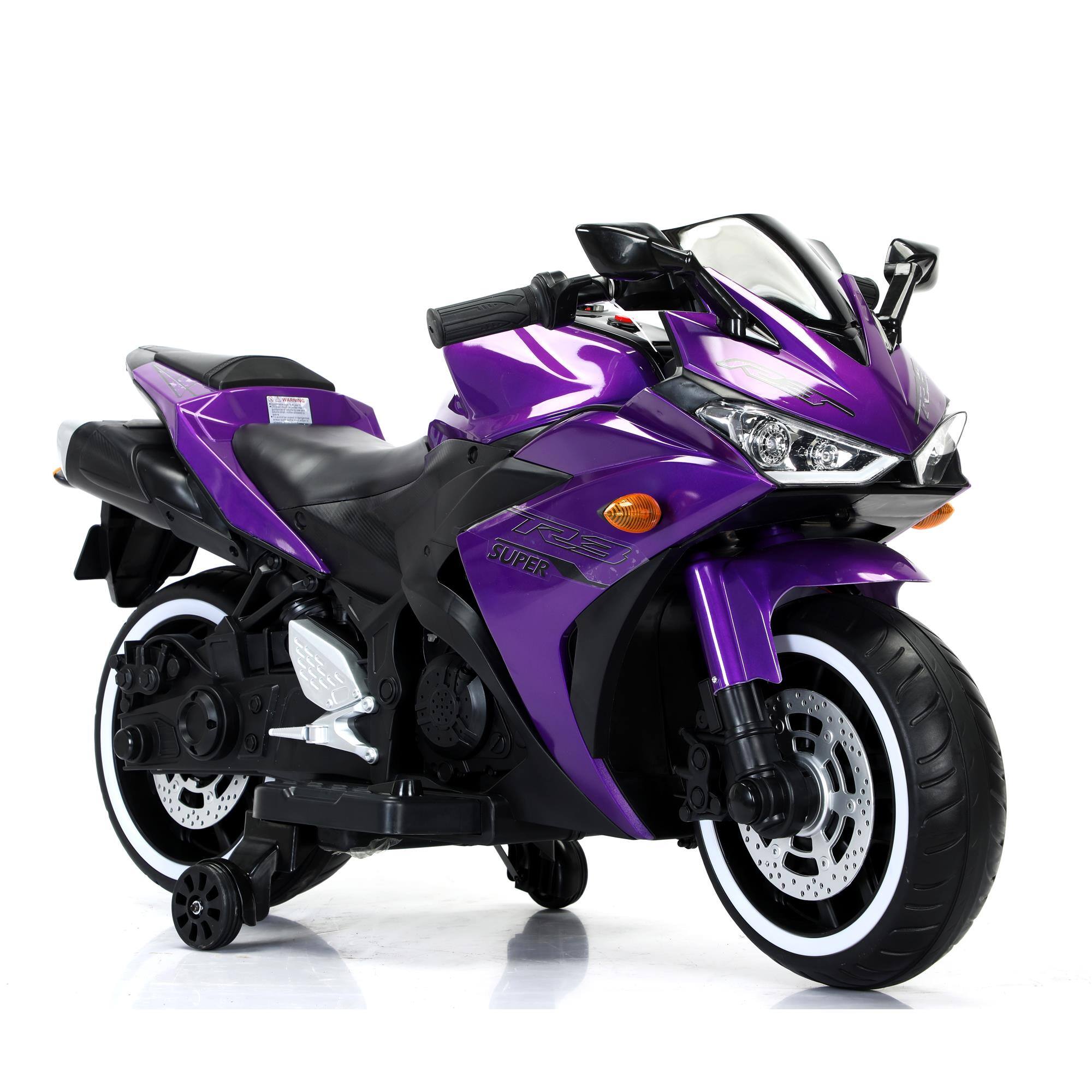 Alt View 1. Boyel Living - 3+ Kids 12V Purple Electric Motorcycle with Training Wheels Real Manual Throttle and Foot Brake For Gift - Purple.
