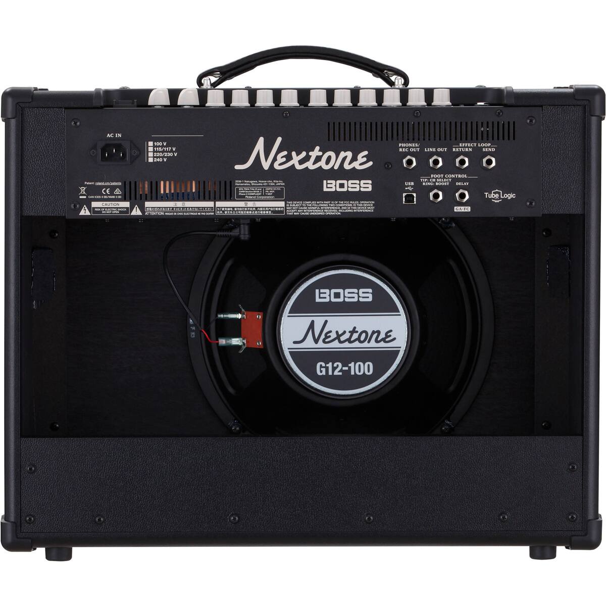 Nextone  
BOSS  
G12-100  

AC IN  
100 V  
110 V  
220/230 V  
240 V  

PHONES / LINE OUT  
EFFECT LOOP  
USB  
FOOT CONTROL  
TUBE LOGIC  
DELAY  
REVERB  
BOOST  

Tube Logic  

CAUTION  
CE  
...