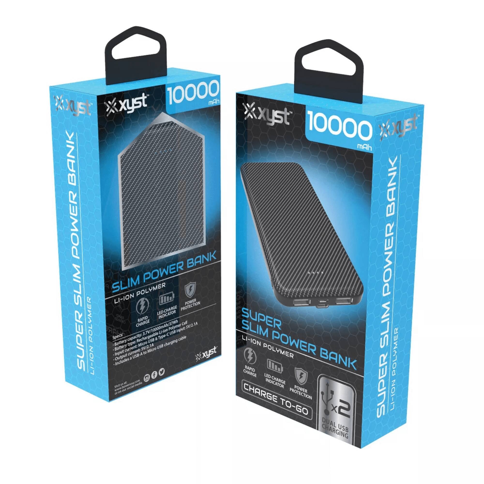 Sure, here is the corrected and grouped text from the image:

---

**Xyst 10000 mAh**

**Super Slim Power Bank**

- **Li-Ion Polymer**
- **10000 mAh**
- **LED Charge Indicator**
- **Power Protection**
- **Rapid Charge**
- **Charge to Go**
- **Dual USB Charging**
- **Input: 5V/1A**
- **Output: 5V/2.1A**
- **Includes: USB & Micro USB charging cable**

**Specifications:**
- **Battery Type:** Li-Ion Polymer
- **Capacity:** 10000 mAh
- **Input:** 5V/1A
- **Output:** 5V/2.1A
- **Weight:** 150g
- **Dimensions:** 110 x 60 x 15mm

**Features:**
- **Super Slim Design**
- **Li-Ion Polymer Battery**
- **LED Charge Indicator**
- **Power Protection**
- **Rapid Charge**
- **Dual USB Ports**

**Xyst**

---