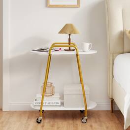 Costway - 2-Tier Rolling End Table with Faux Marble Surfaces, Lockable Wheels & Metal Frame - White + Gold