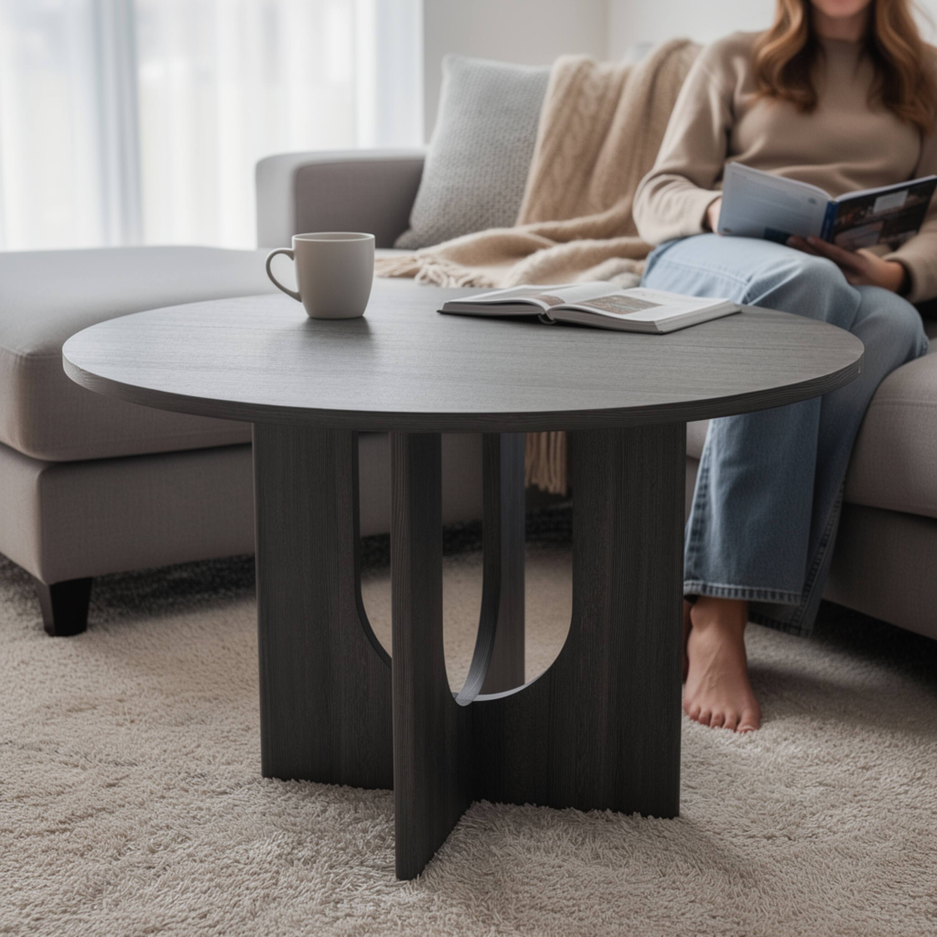 Alt View 5. Manhattan Lane - Kysa Dining Table, 47 Inch Round Top, Cross U Pedestal Base - Dark Gray.